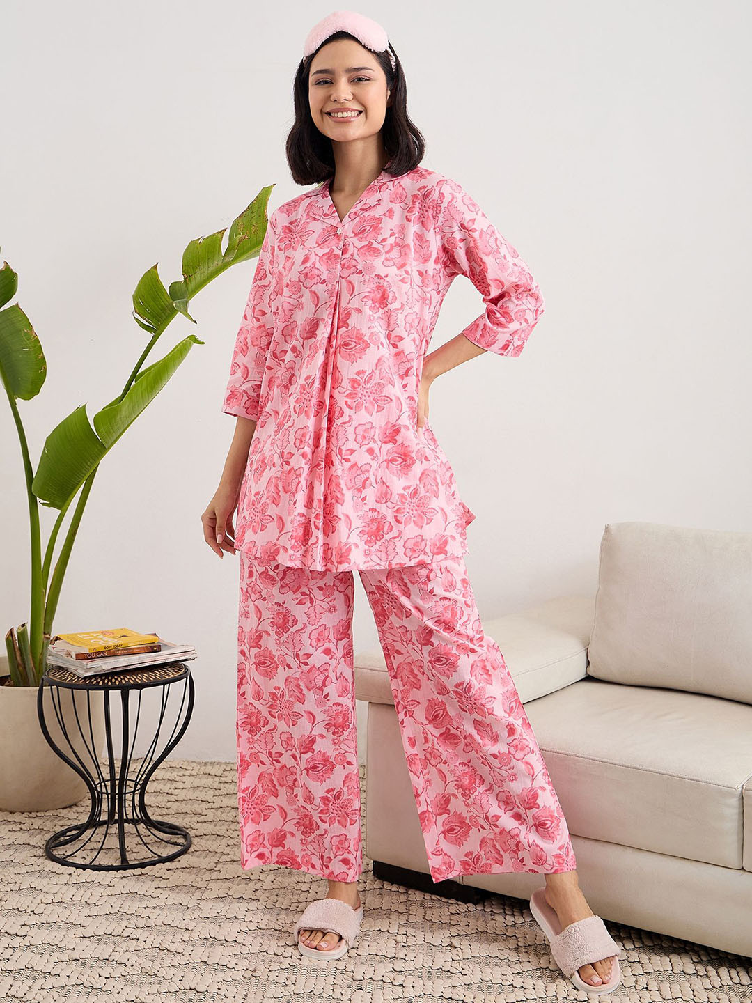 July Women Lapel Coller Floral Print Night suit