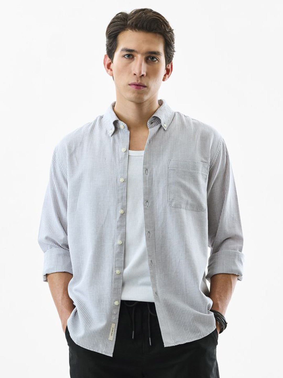 Snitch Micro Checked Long Sleeves Cotton Linen Shirt