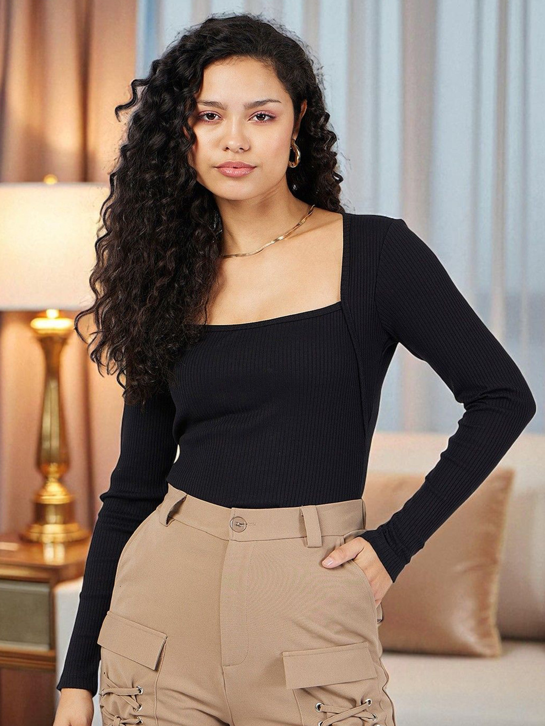 IUGA Women Black Ribbed Square Neck Long Sleeves Top