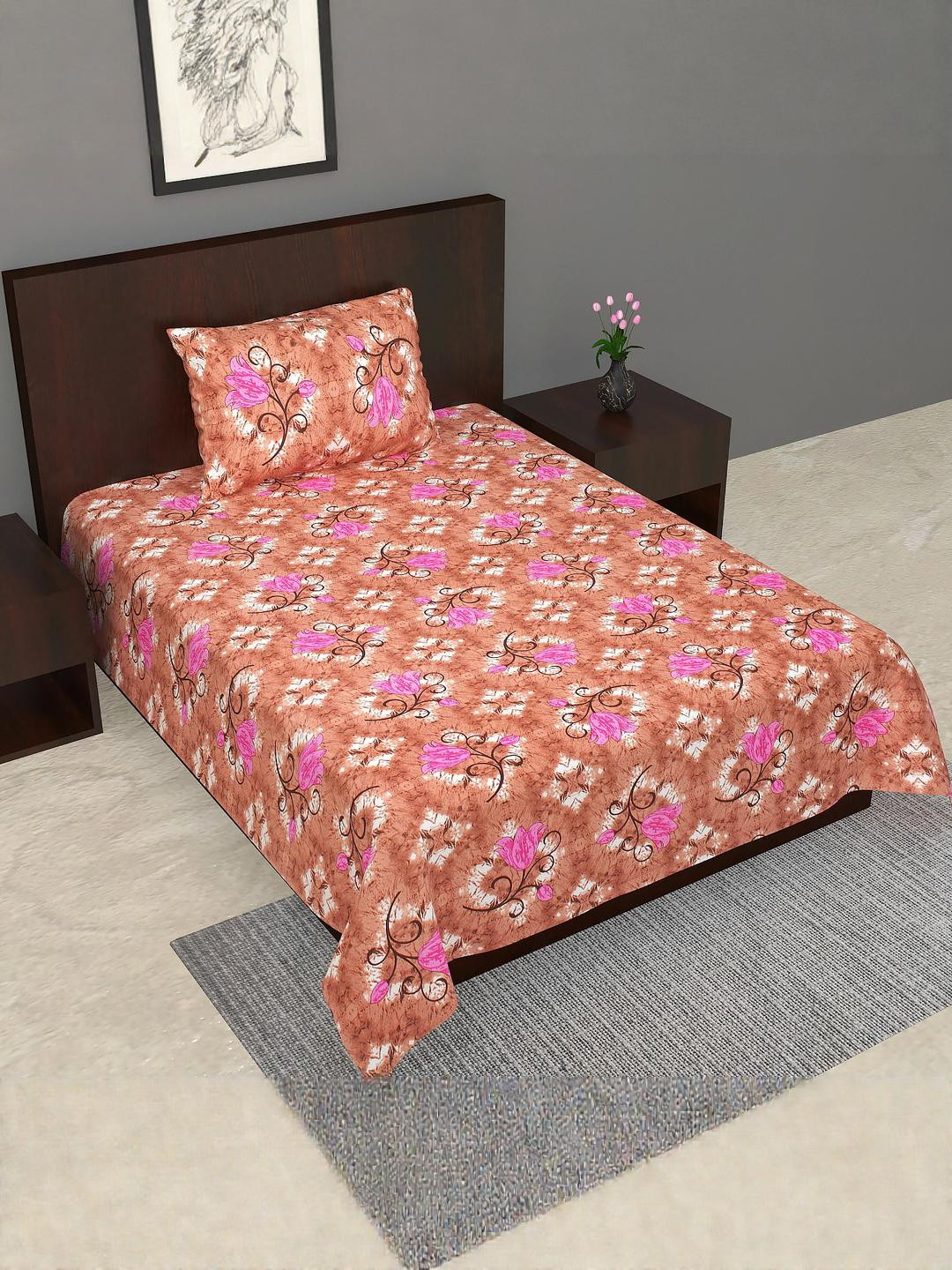 Monik Handicrafts Brown Floral 144 TC Single Bedsheet with 1 Pillow Covers