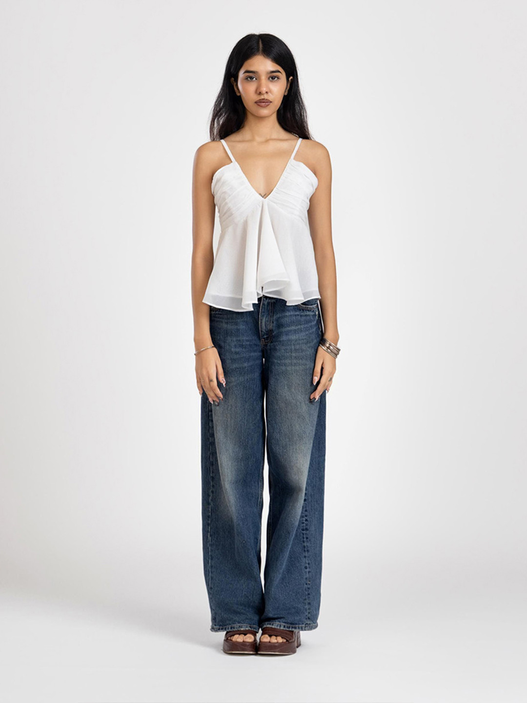 Past Modern Women V Neck Pleated Smocked Detail Georgette Top