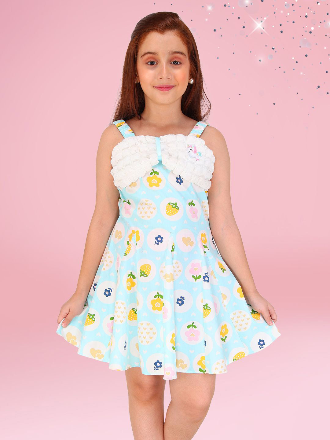 CUTECUMBER Aqua Girls Conversational Printed Applique Cotton Fit & Flare Dress