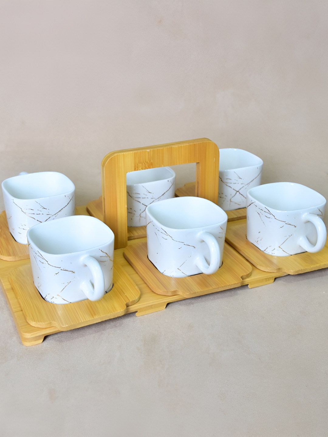 THE HOME CO. White & Brown 6 Pieces Ceramic Glossy Cups With Bamboo Tray