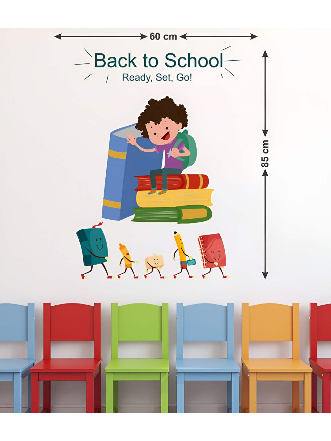 LANSTICK Blue & Red School with Kids Matte Finish Wall Sticker