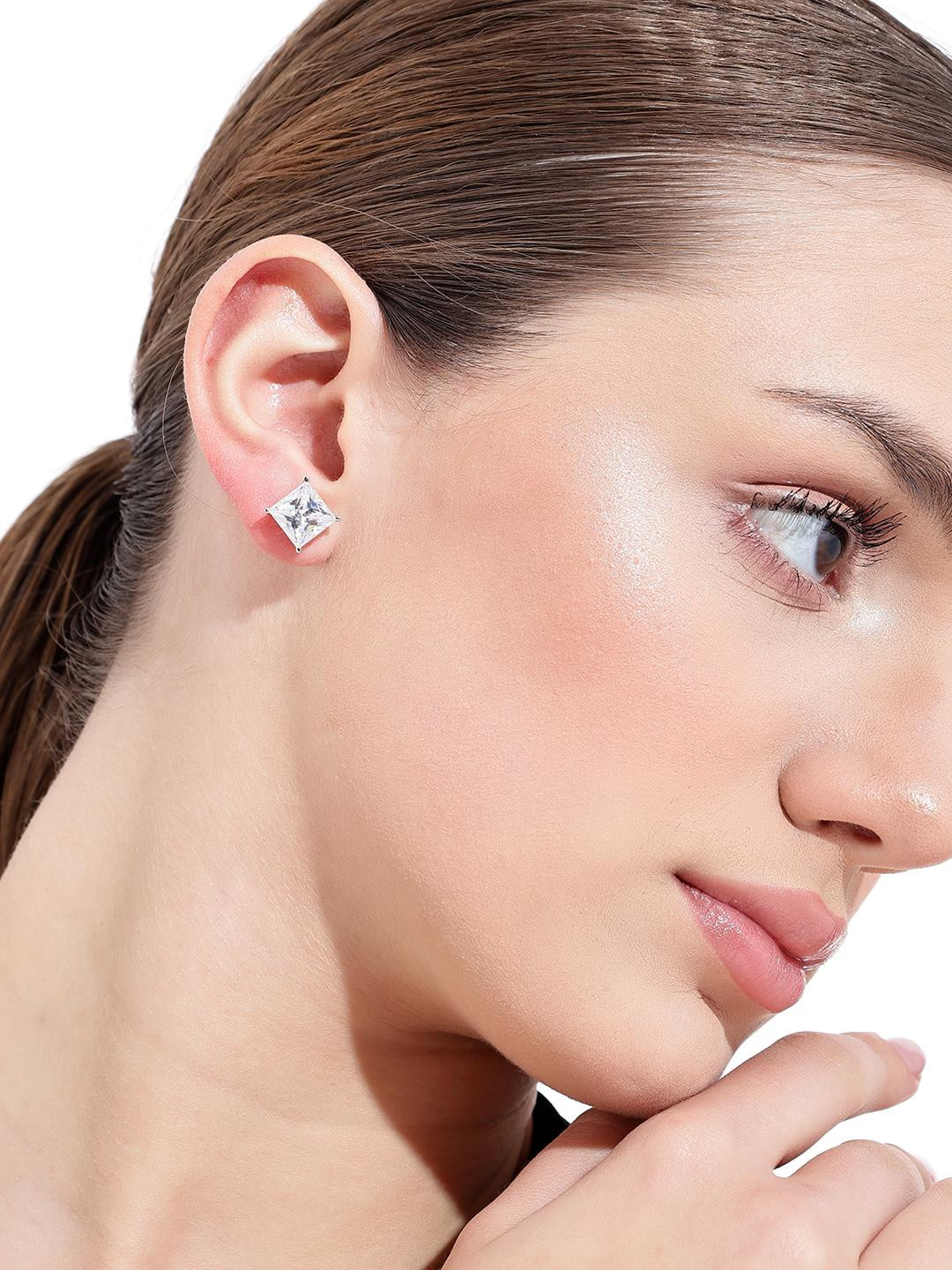 Beenth & Doneth Silver-Plated American Diamond Sterling Silver Square Studs