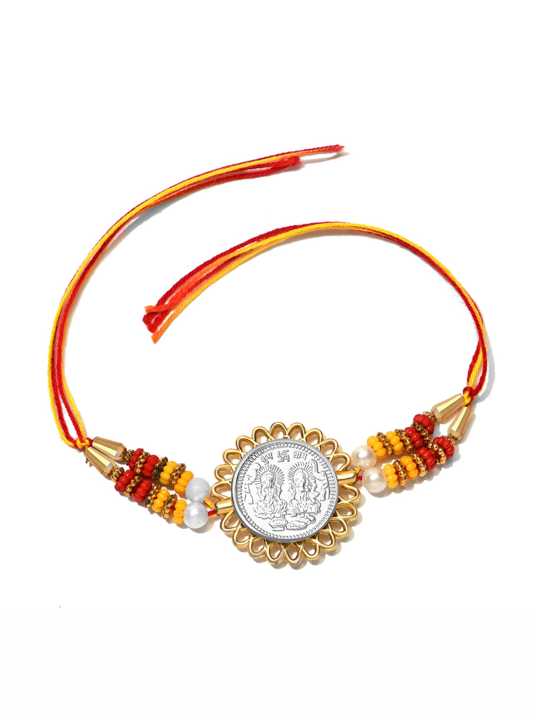 Pray Everyday Silver-Plated Ganesh Laxmi Beaded Rakhi