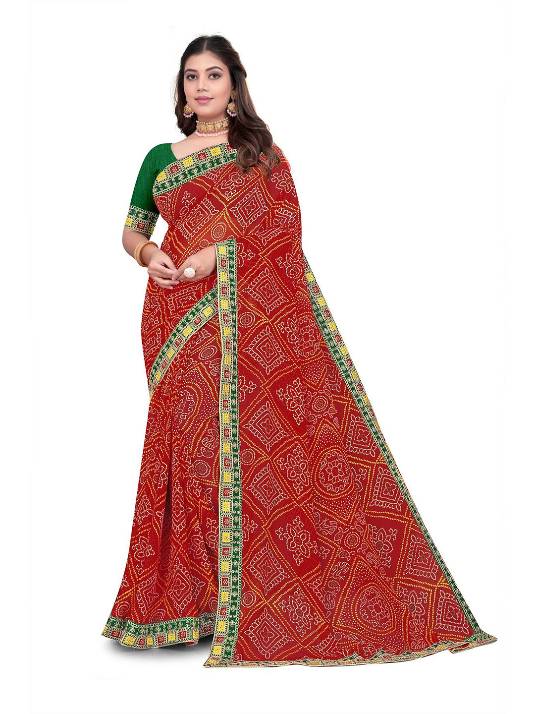 Pemal Designer Women Printed & Embroidered Deatiled Pure Georgette Bandhani Saree