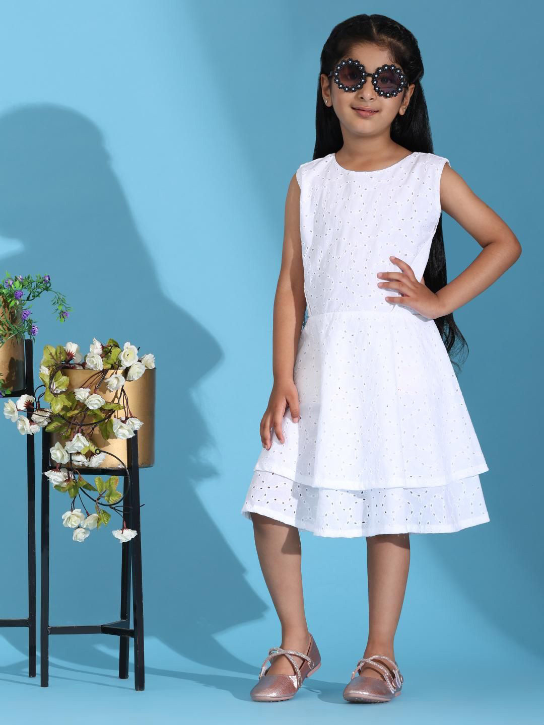 SPIN N TALES Girls Self Design Layered Pure Cotton Fit & Flare Dress