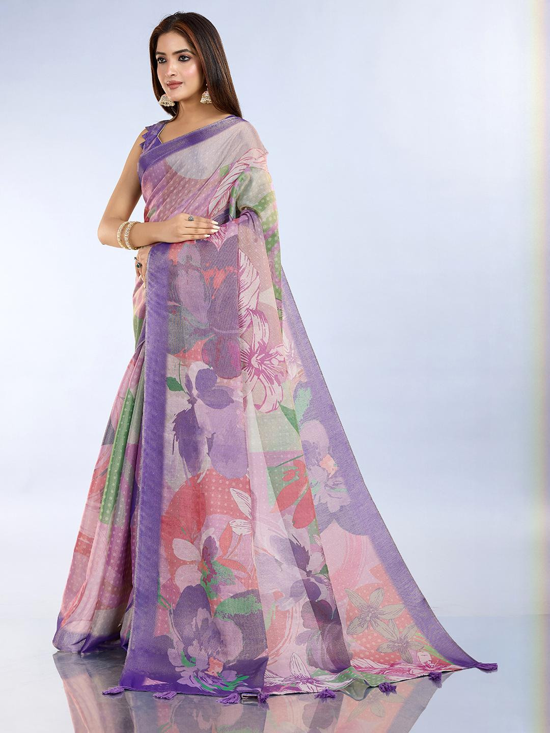 JYA Printed Tissue Silk Saree For Women With Blouse Piece