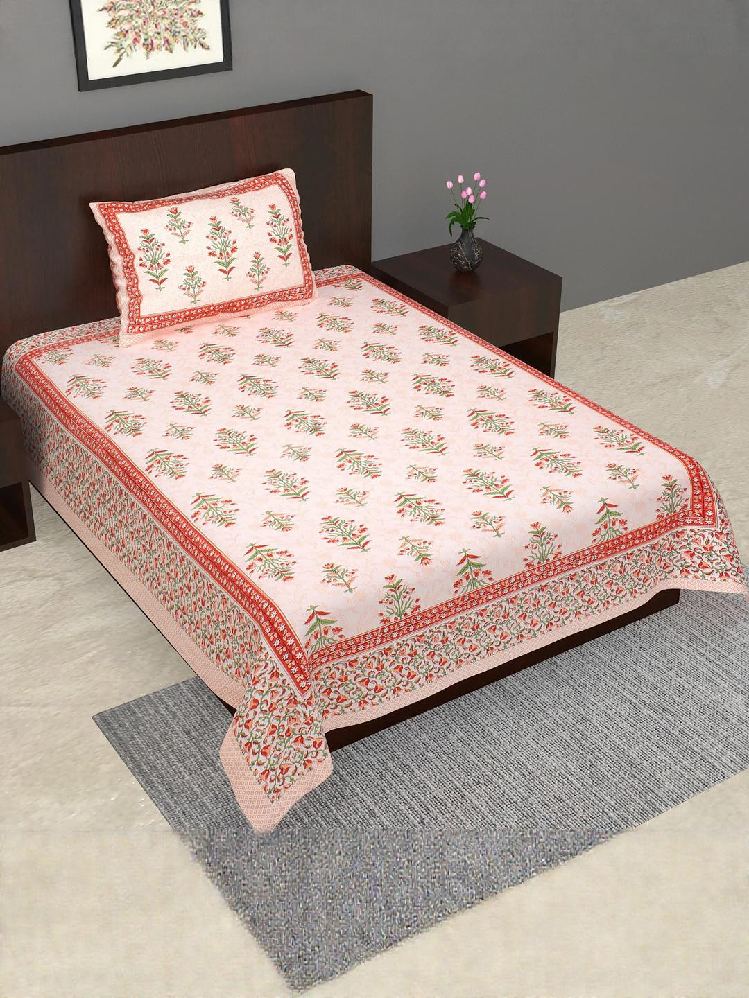 Monik Handicrafts Red Floral 144 TC Single Bedsheet with 1 Pillow Covers