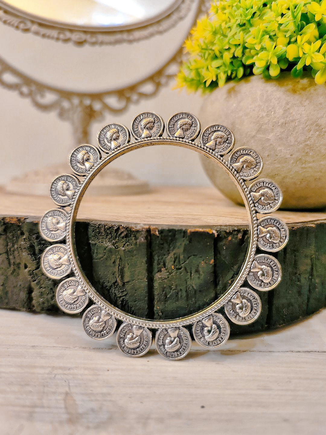 Estele Rhodium Plated Oxidized Coin Bangle