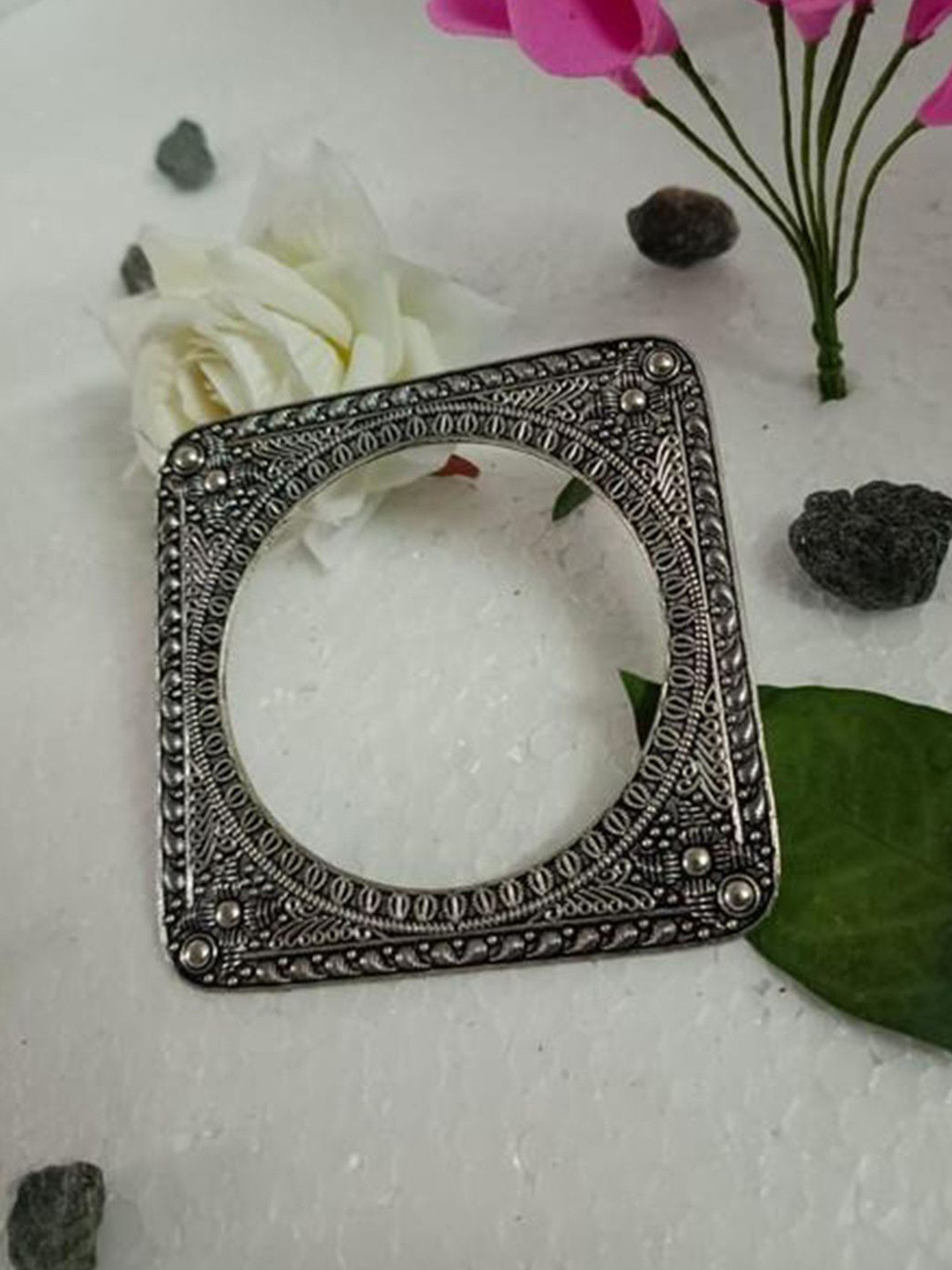 Estele Rhodium Plated Oxidised Boho Square Bangle