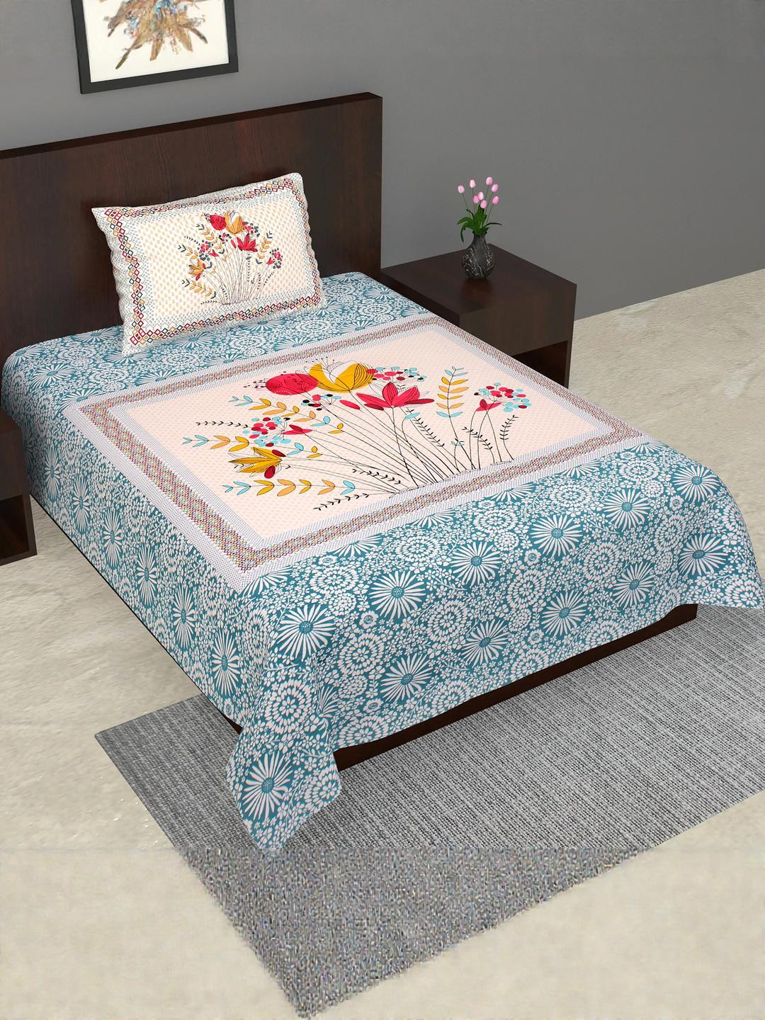 Monik Handicrafts Blue Floral 144 TC Single Bedsheet with 1 Pillow Covers