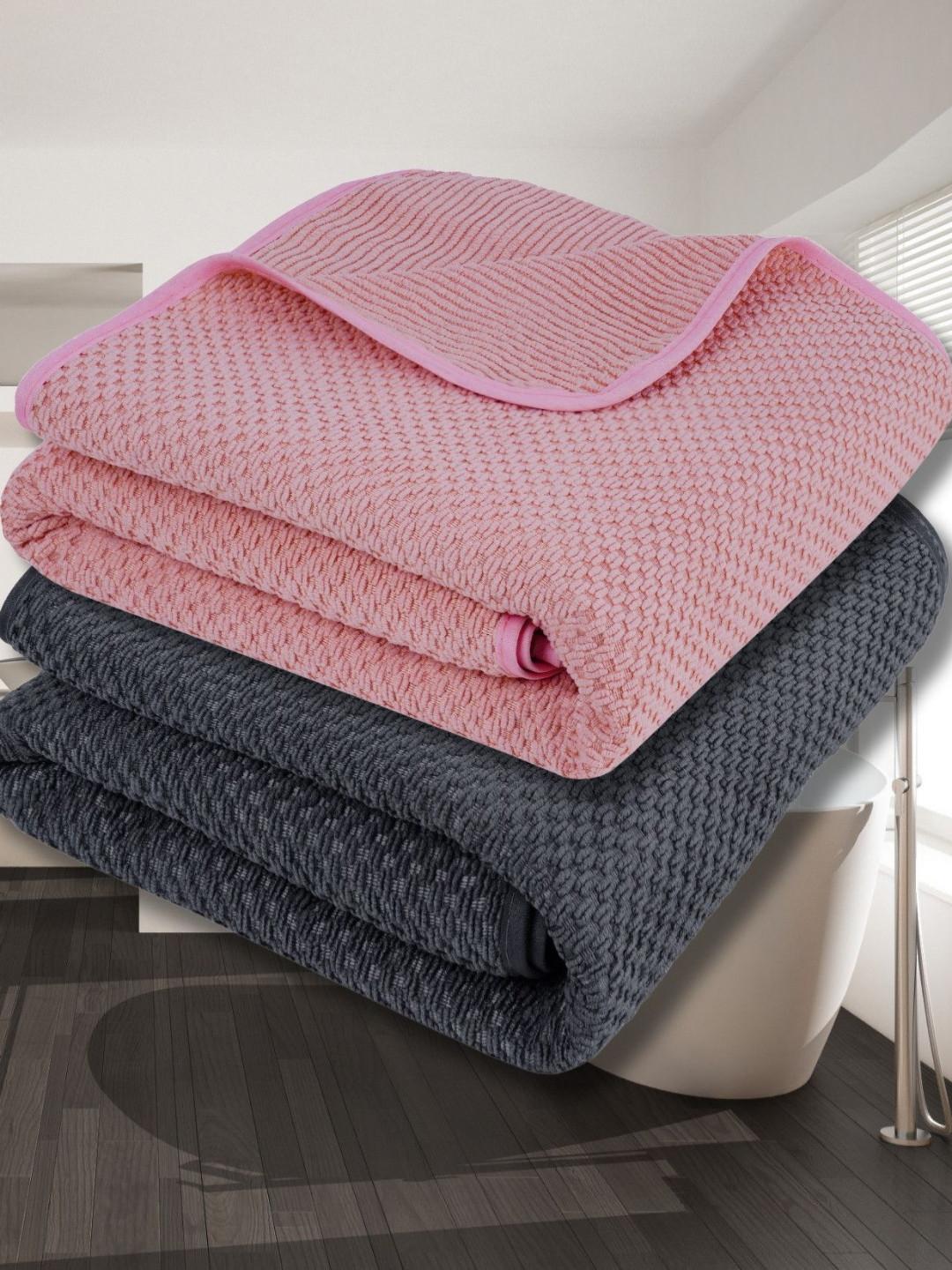 Fezora Pink & Grey 2 Pieces 350 GSM Microfiber Bath Towels