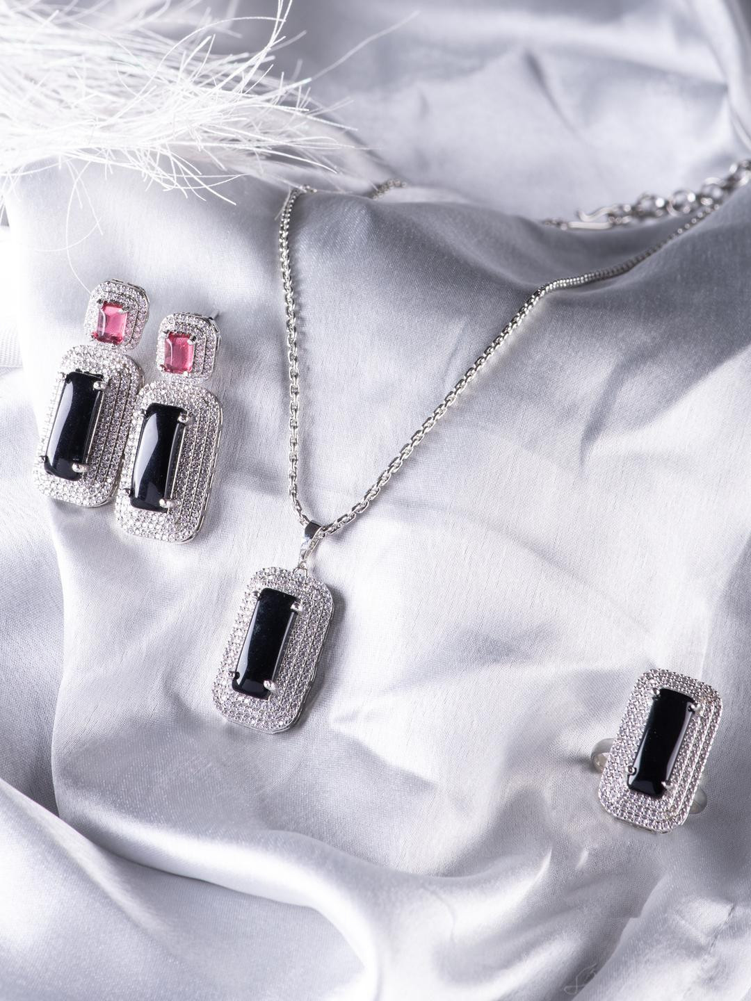 KAYRAH Women Pink & Black Stone Studded Pendant Chain with Earrings & Finger Ring