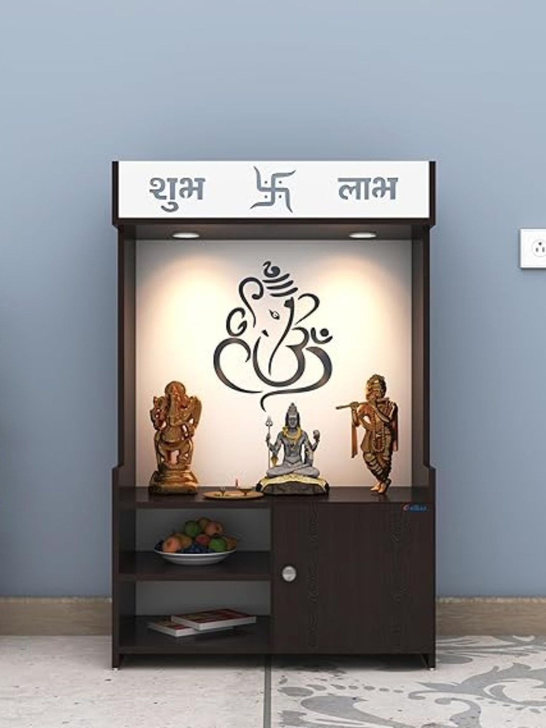 ANIKAA White Engineered Wooden LED Light Lord Ganesha Home Temple