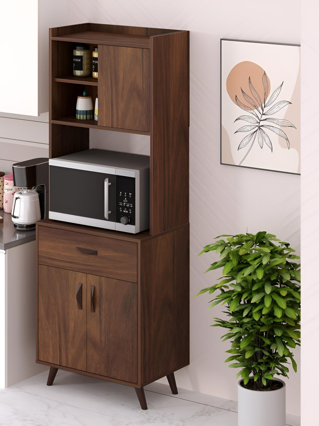 bluewud Brown & White Serrenh Multipurpose Storage Kitchen Cabinet With Microwave Space