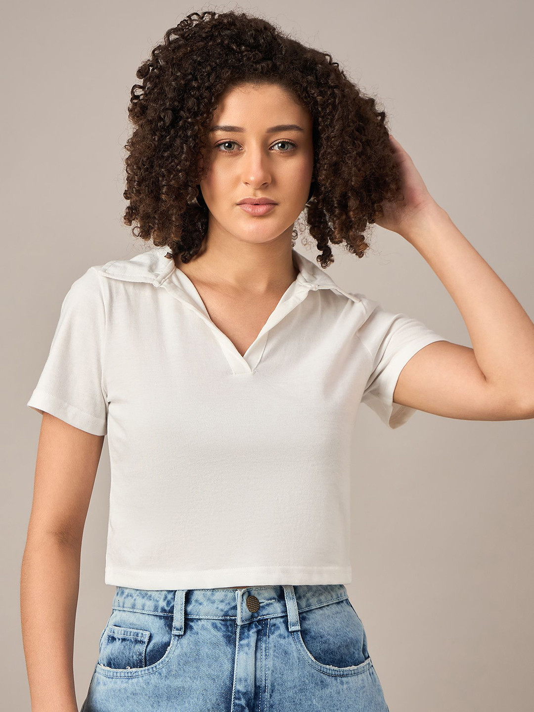 R.Code by The Roadster Life Co. Polo Collar Short Sleeves Cotton Crop T-shirt
