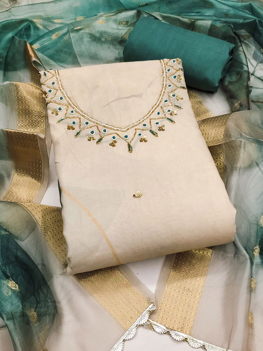 HERE&NOW Floral Embroidered Beads & Stones Cambric Cotton Unstitched Dress Material