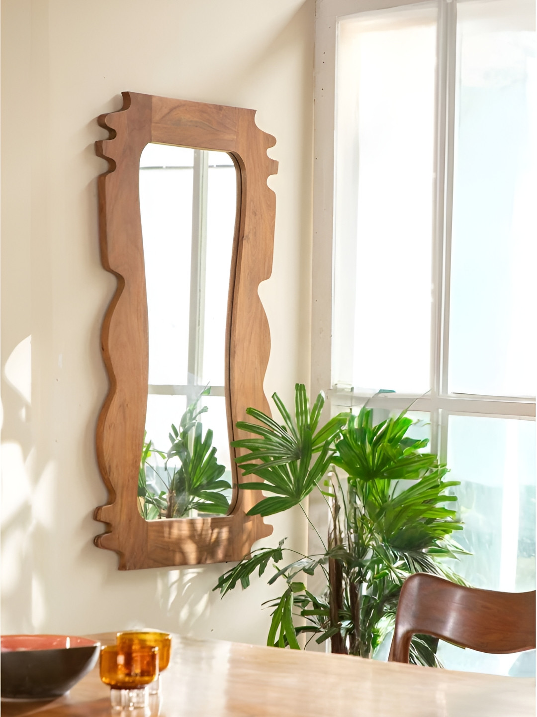 FREEDOM TREE Pillar Brown Symmetrical Shaped Wooden And Glass Wall Mirror