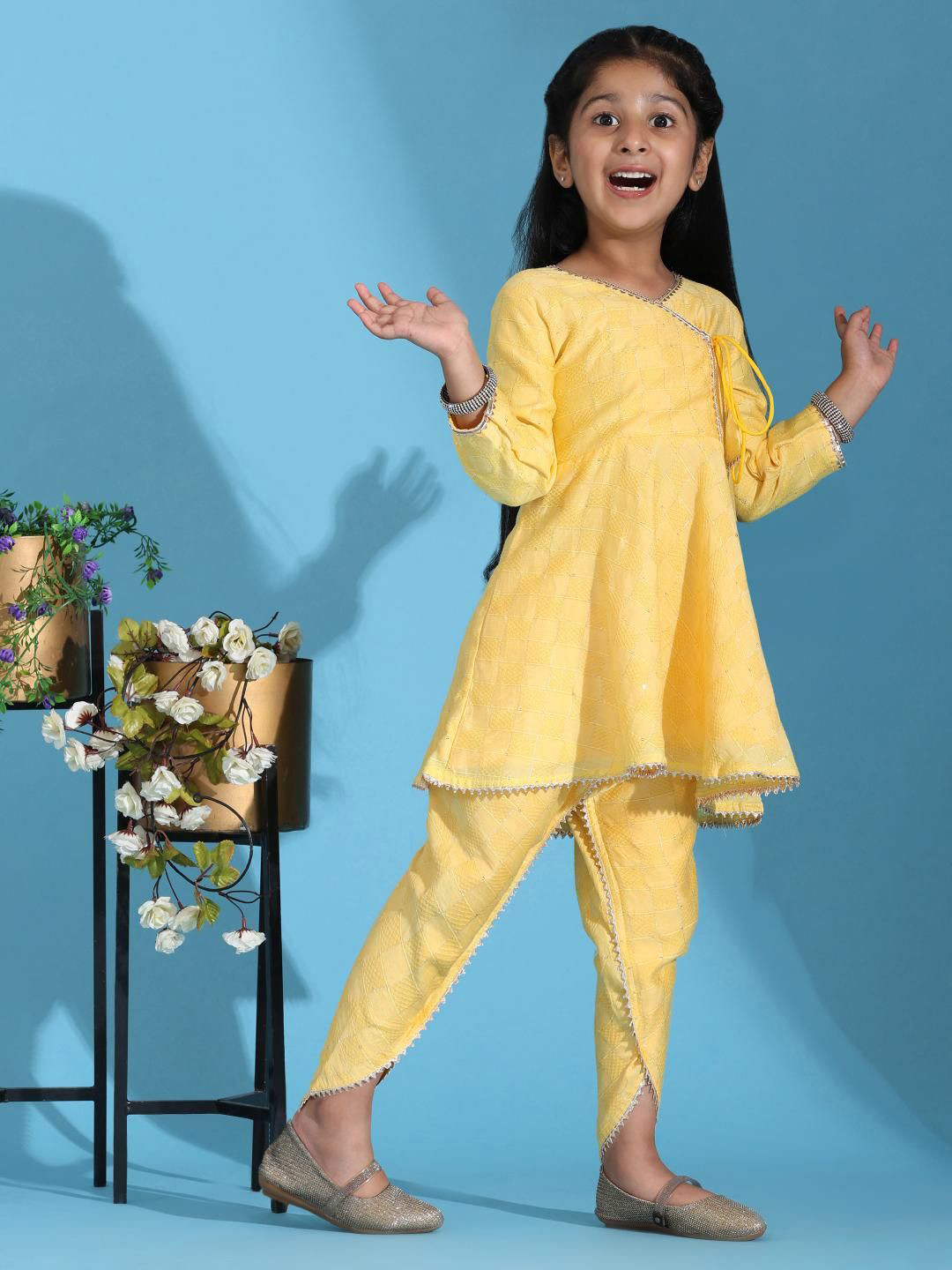 SPIN N TALES Girls Self Design Gotta Patti V-Neck Pure Cotton Kurti with Dhoti Pants