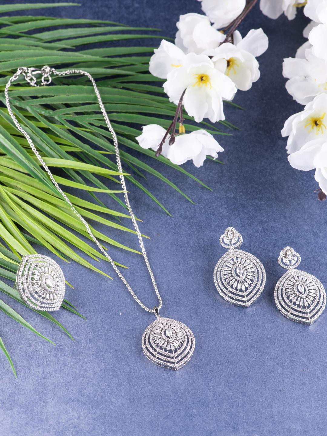 KAYRAH Women White Earring Pendant & Ring Jewellery Set