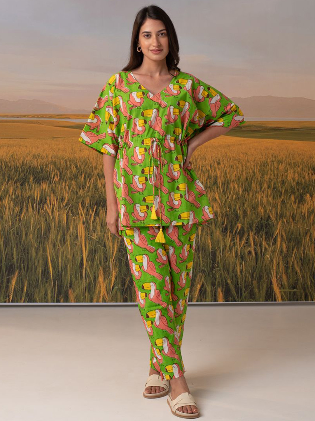 PHUTARI Toucan Chill Jams Printed Pure Cotton V-Neck Top With Trousers