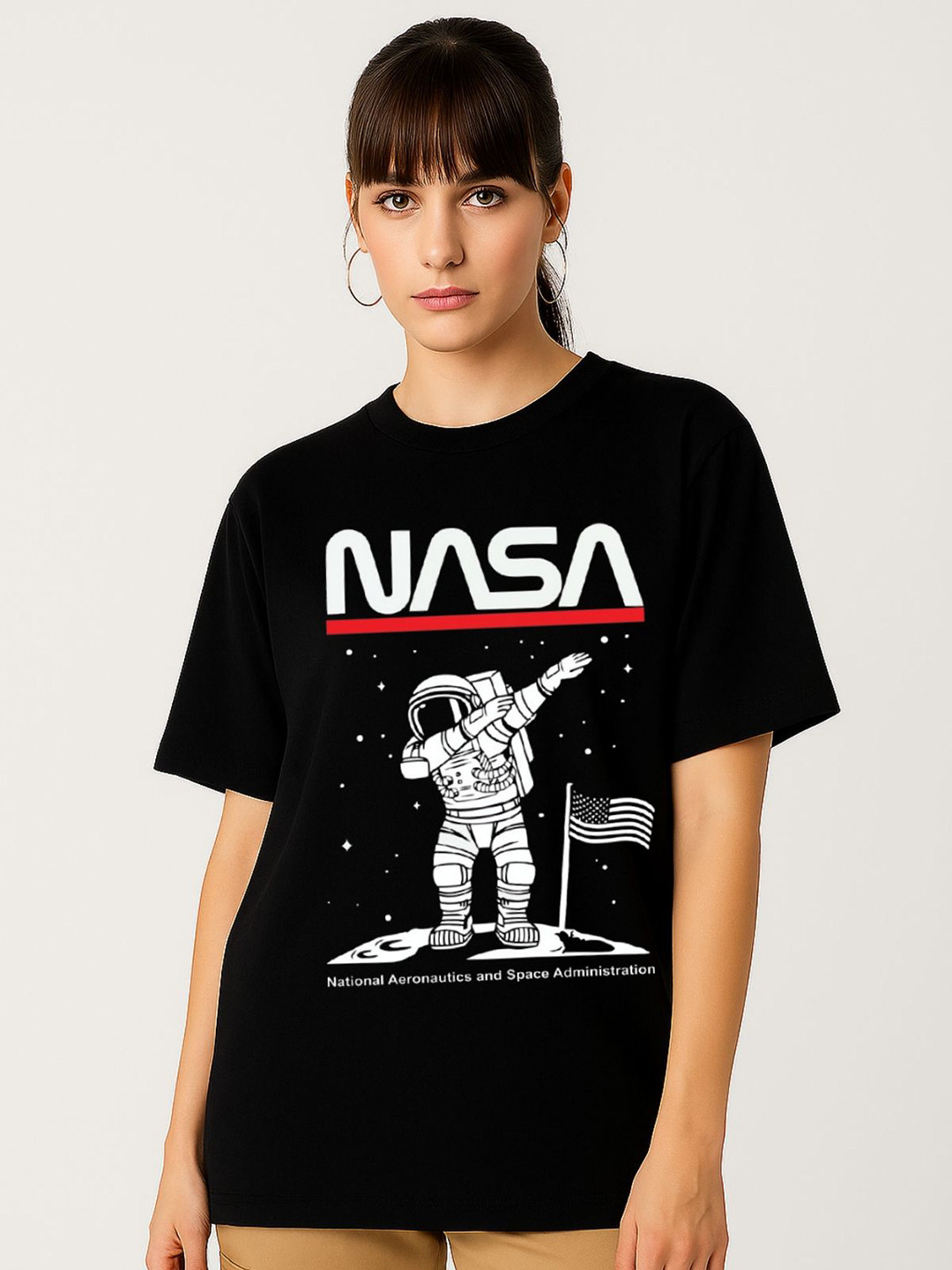 Be Crazy Women NASA Typography Printed Round Neck Pure Cotton Oversized T-shirt