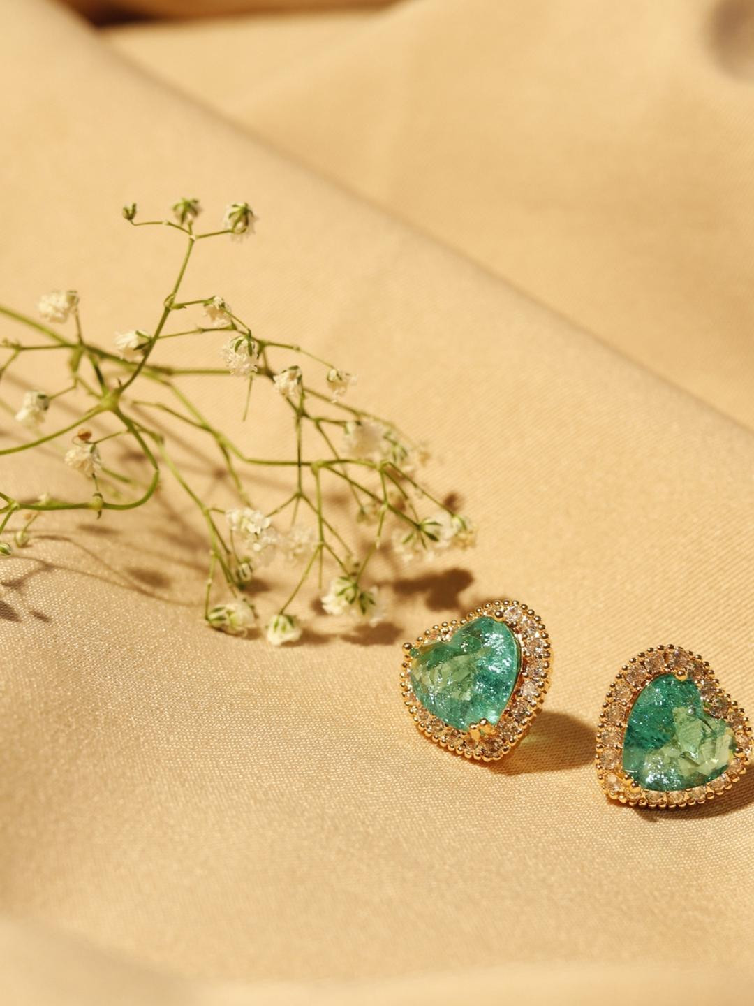RaasRani Gold-Plated Faux Emerald Heart Shaped Stainless Steel Studs