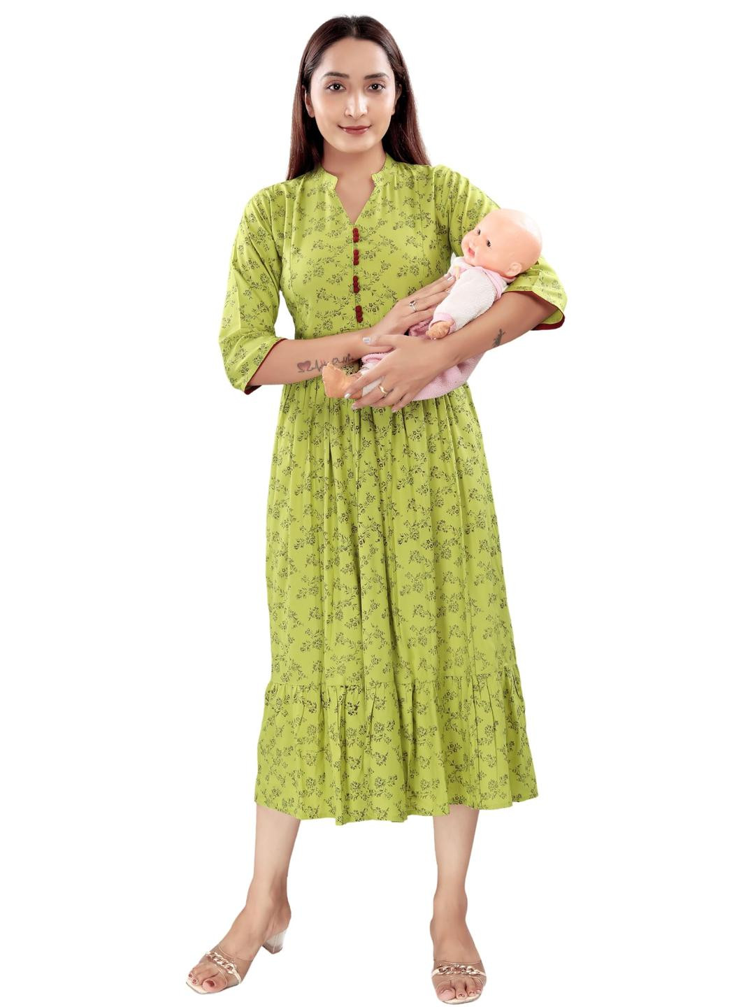 Mom&Bae Women Lime Green Viscose Rayon Kurtis
