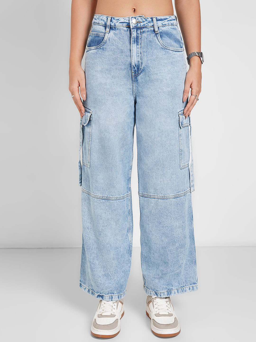 SF JEANS by Pantaloons Women Flared High-Rise Acid Wash Cargo Style Jeans
