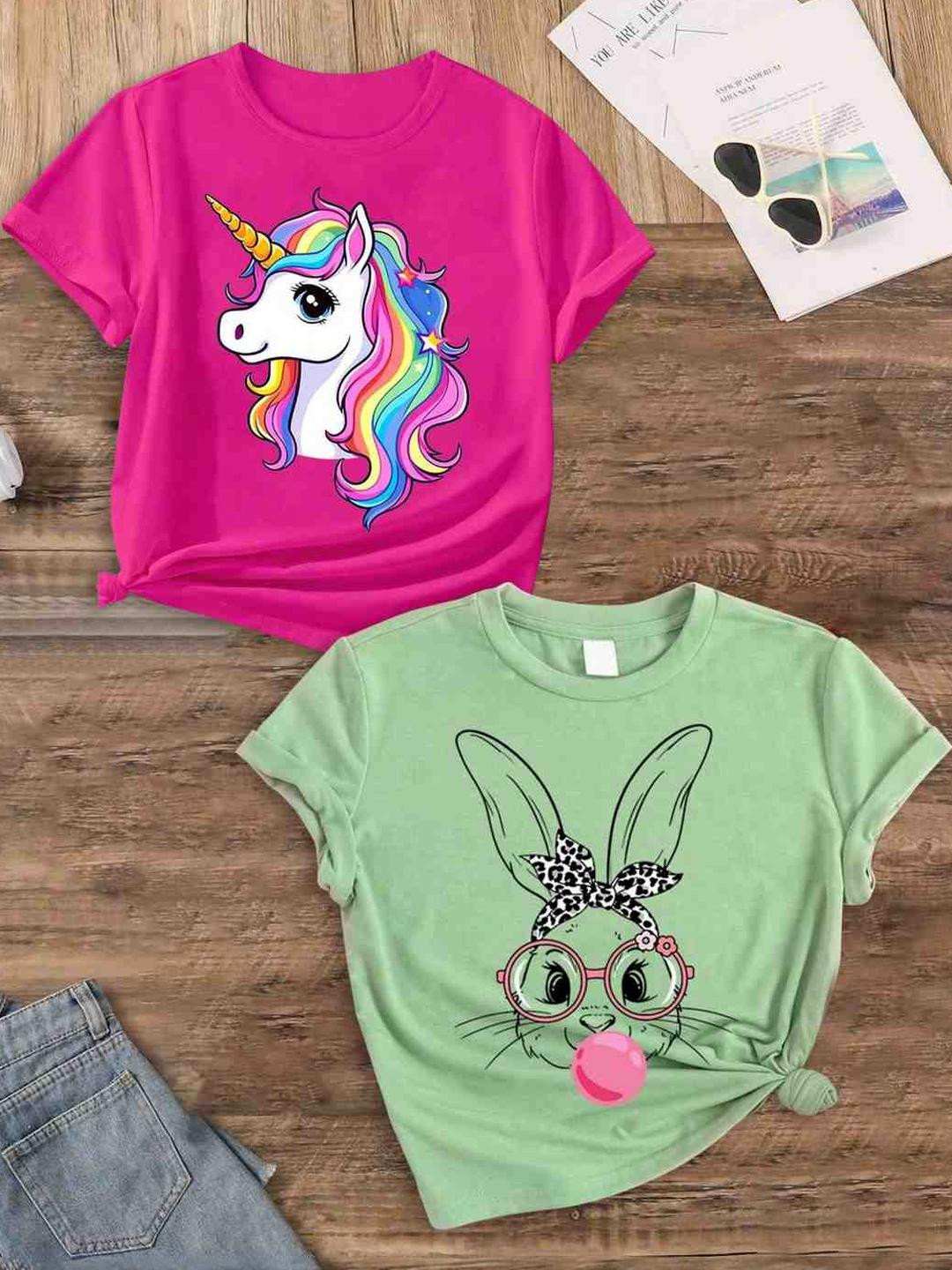 KEESOR Girls Pack Of 2 Tshirts Soft Chest Printed Cotton T-shirts