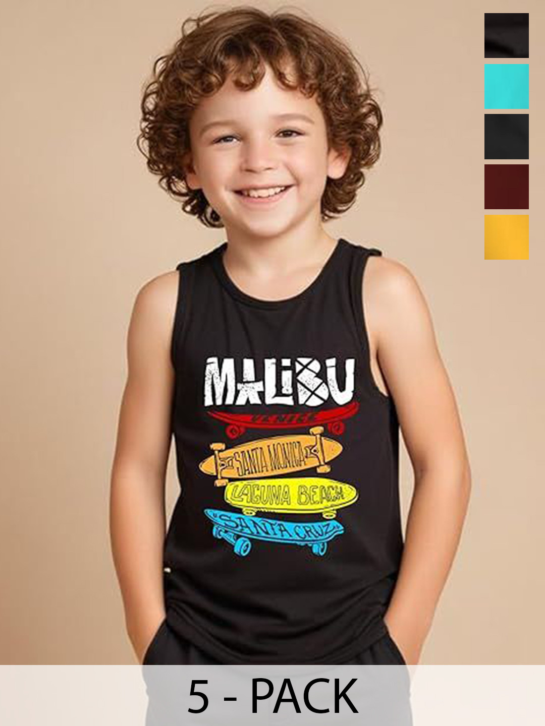 Minicult Kids Pack Of 5 Printed Round Neck Vests VST_PT_E002_28_P5