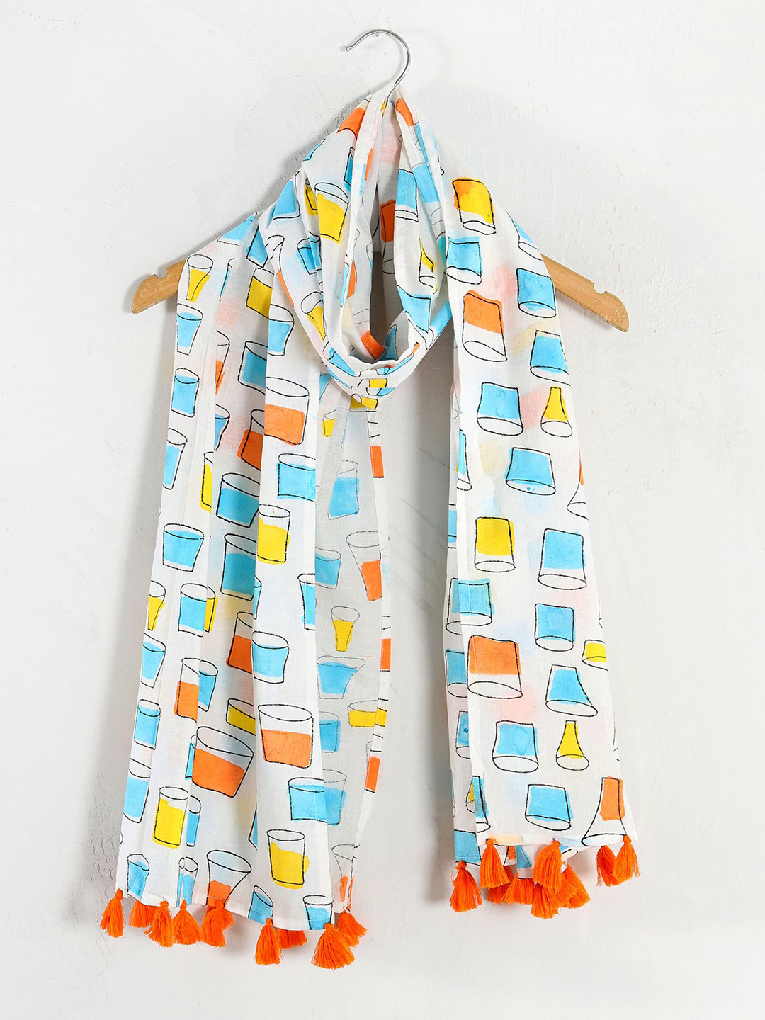 Ravaiyaa Women Hand Block Glasses Printed Cotton Tasseled Scarf