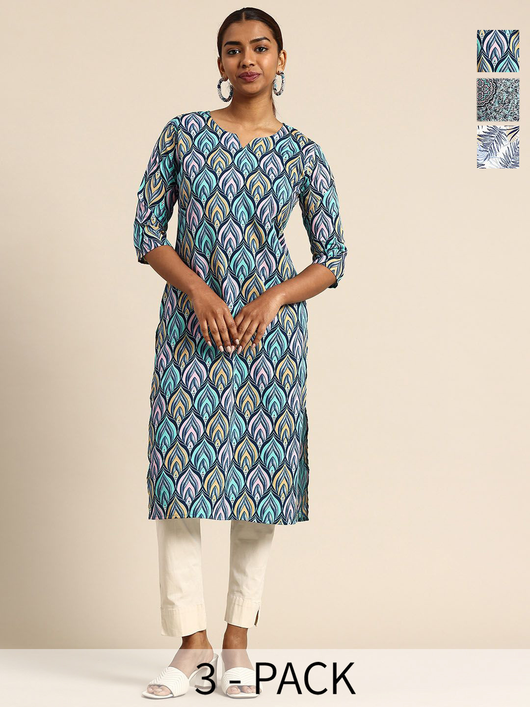 KETAKI FASHION Selection Of 3 Geometric Printed Round Neck Crepe Kurtas