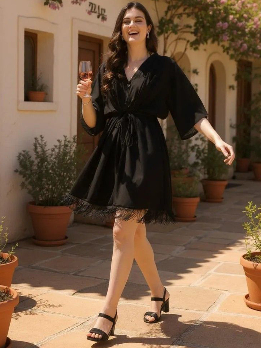 Hive91 Women V- Neck Flared Sleeves Kaftan Dress