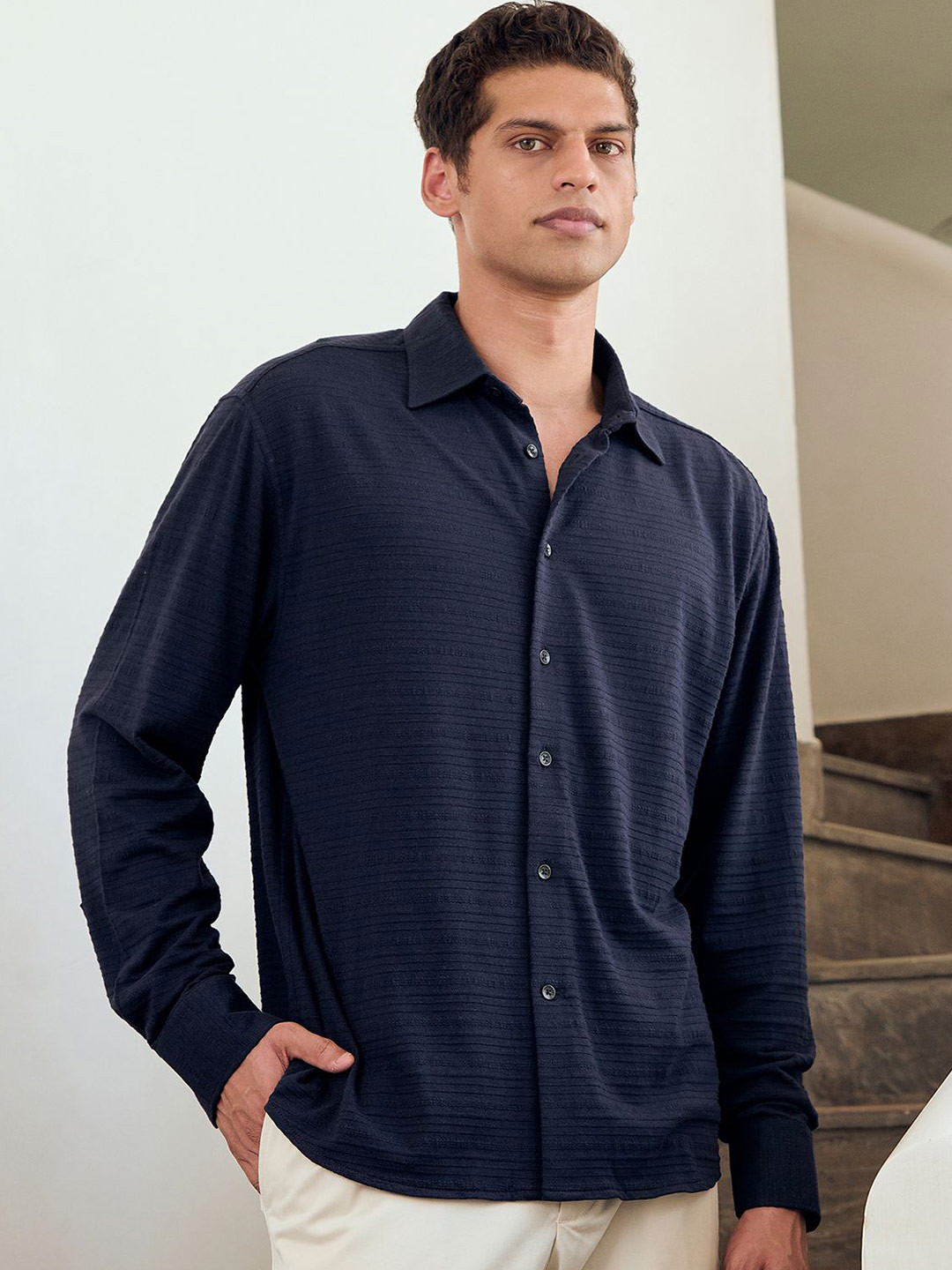 Andamen Men Textured Cotton Modal Relaxed Fit Shirt