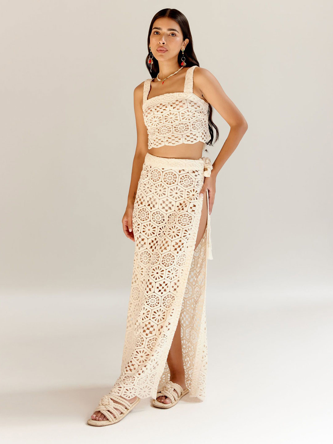 NOIB Magda Women Semi Sheer Cotton Crochet Crop Top