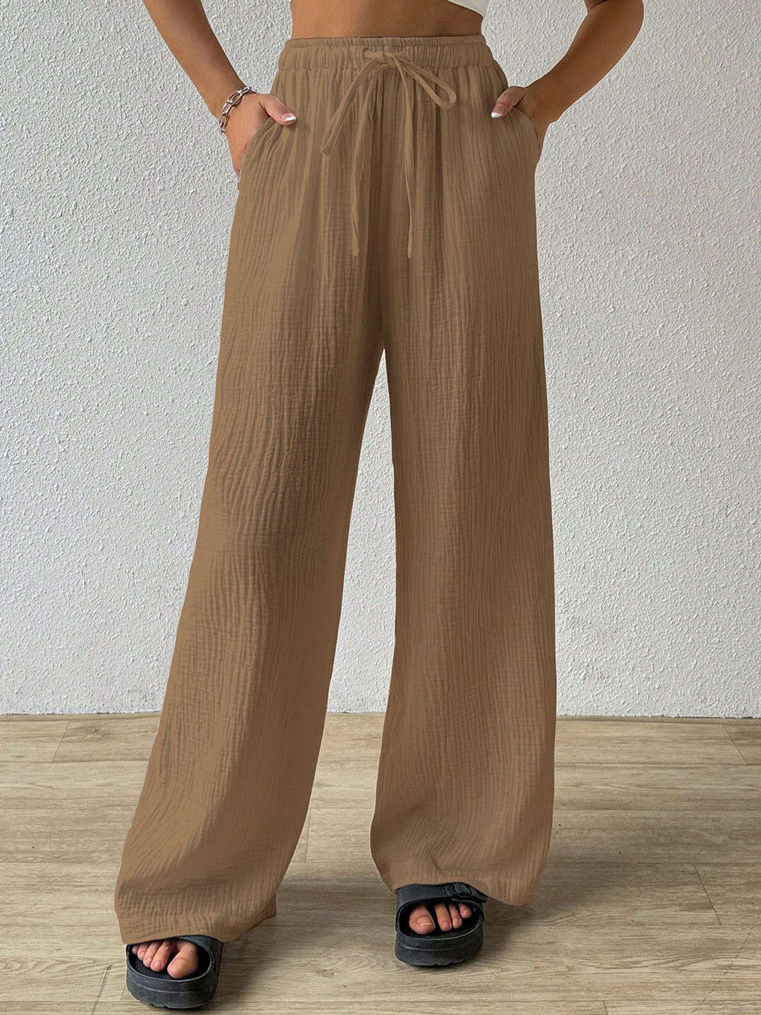 Sugathari Women Textured Relaxed Straight Leg Loose Fit  Wide leg Trousers spring-fall-25