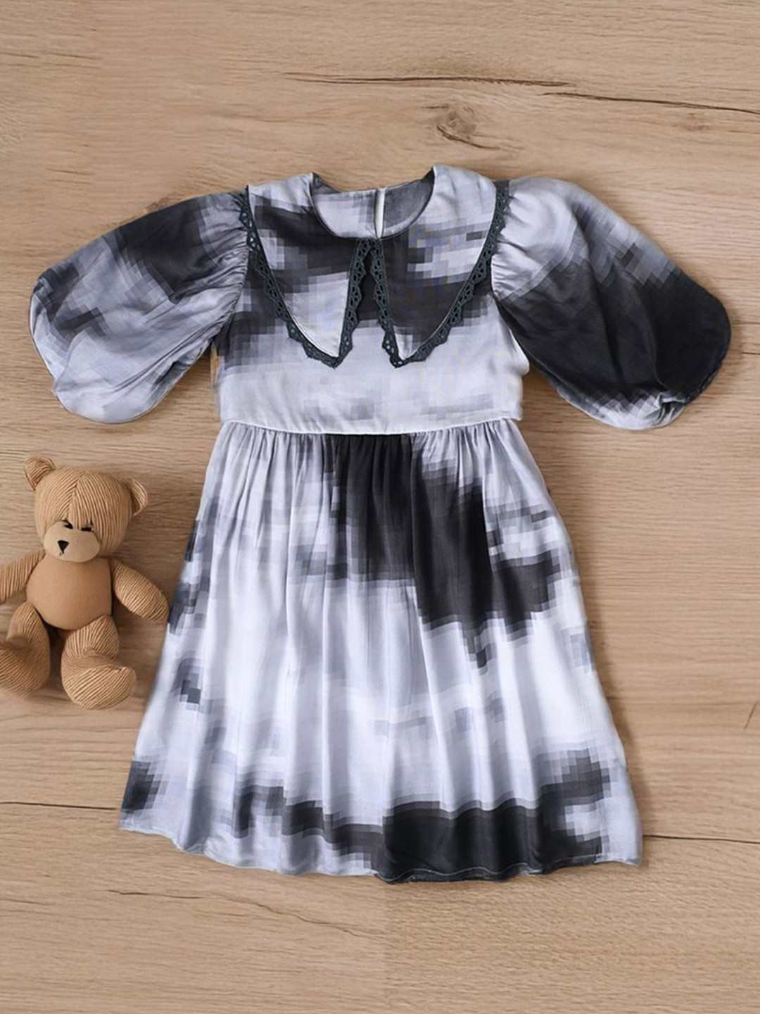 BAESD Girls Printed Peter Pan Collar Balloon Sleeve Cotton Fit & Flare Dress