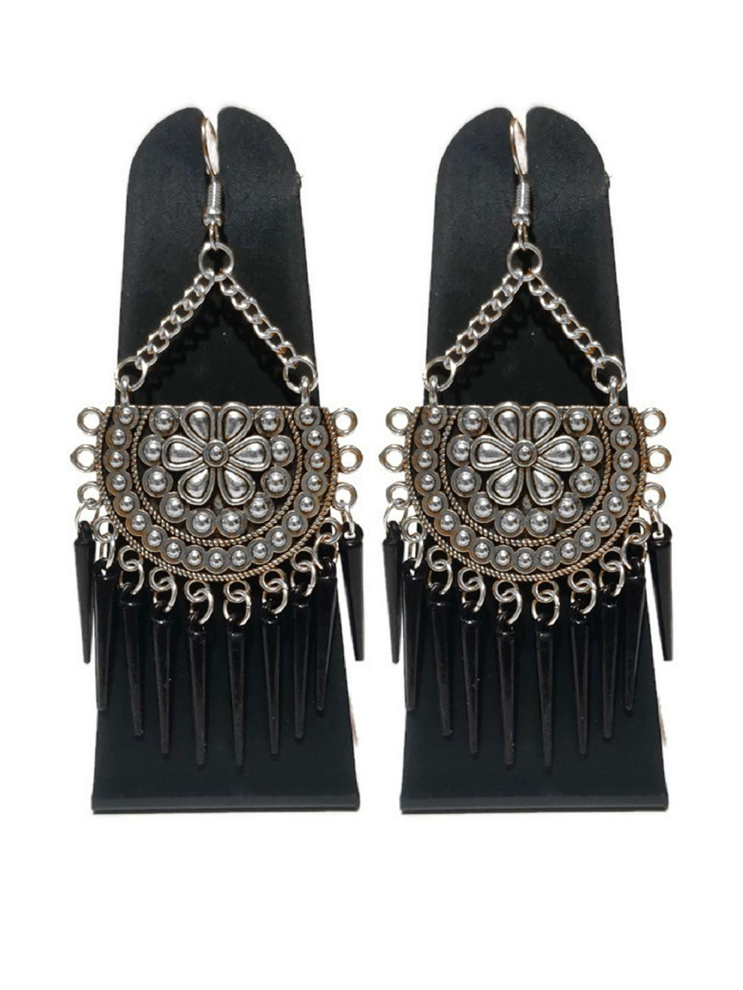 Weariton Women German Silver Black Beads Studded Silver-Plated Chandbalis Earrings