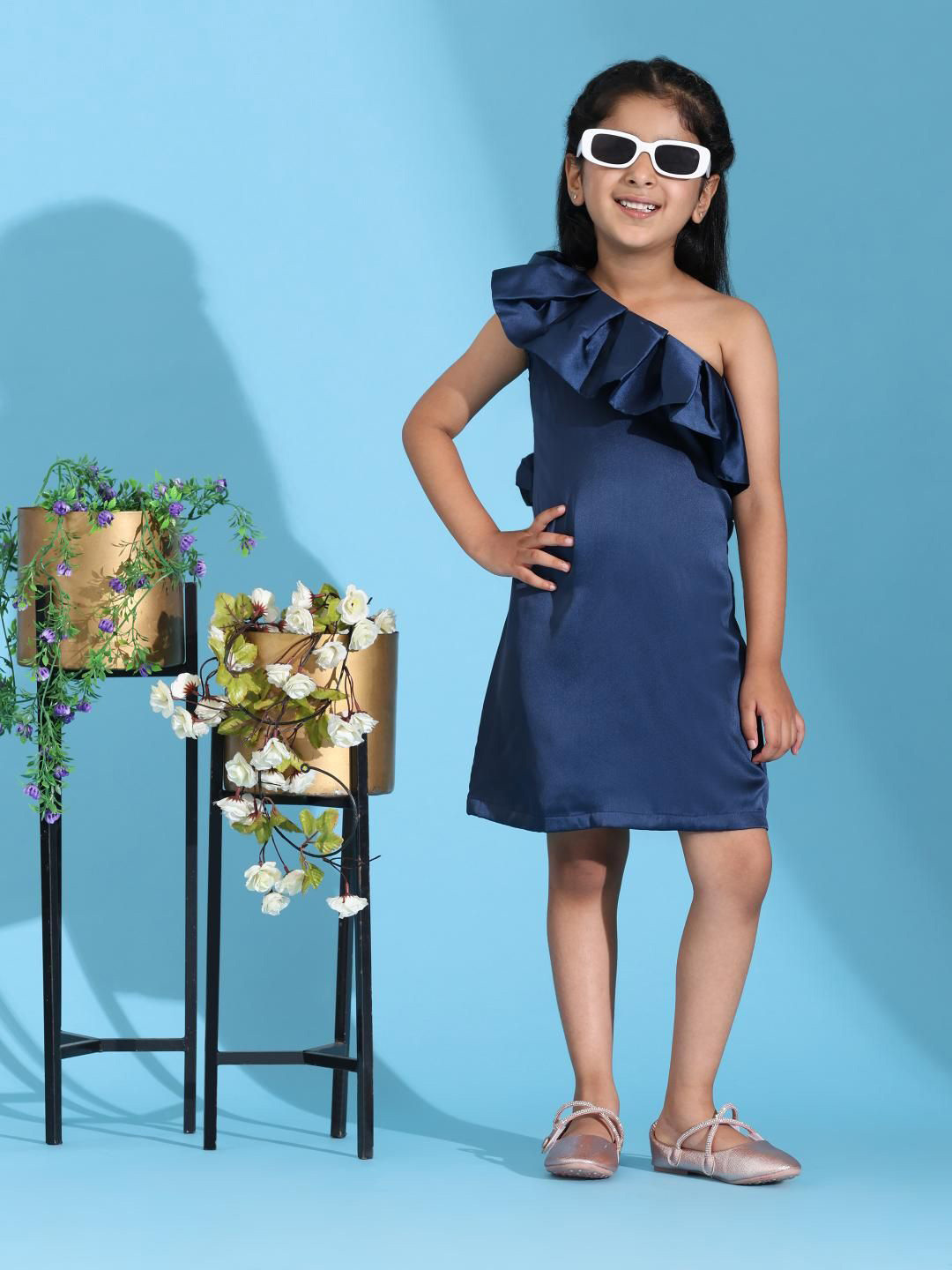 SPIN N TALES Girls One Shoulder Ruffled Sleeveless A-Line Dress