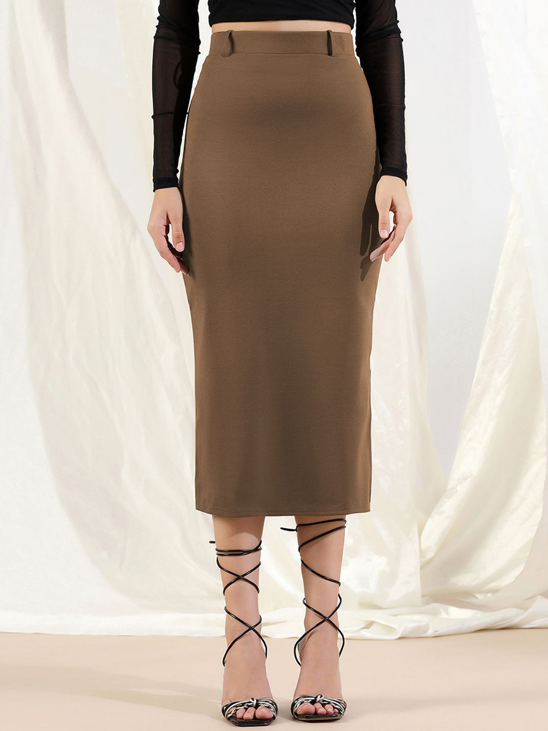High Rise Midi Skirt With Side Silt