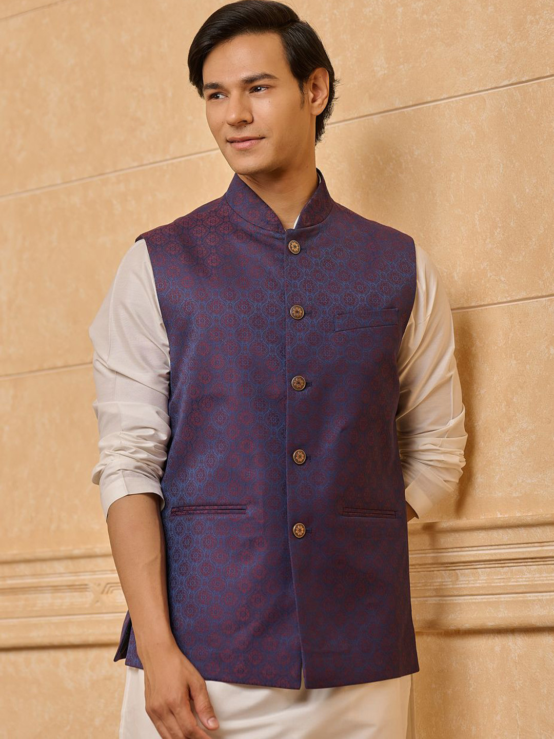 Tasva Woven Design Jacquard Classic Bundi Nehru Jacket