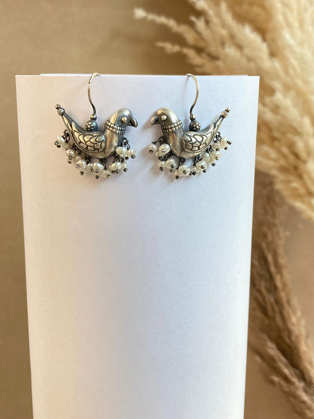 KINGSIN Silver Artificial Beaded Oxidised Animal Shaped Drop Earrings