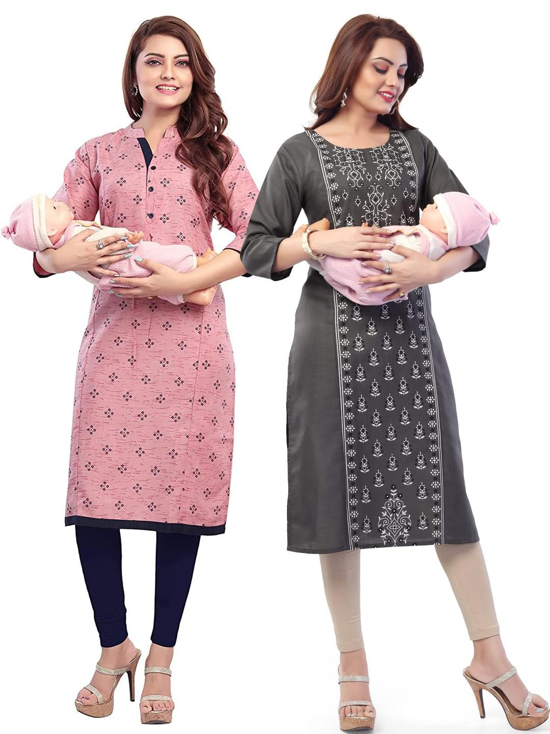Mom&Bae Women Pink Cotton Blend Kurtis