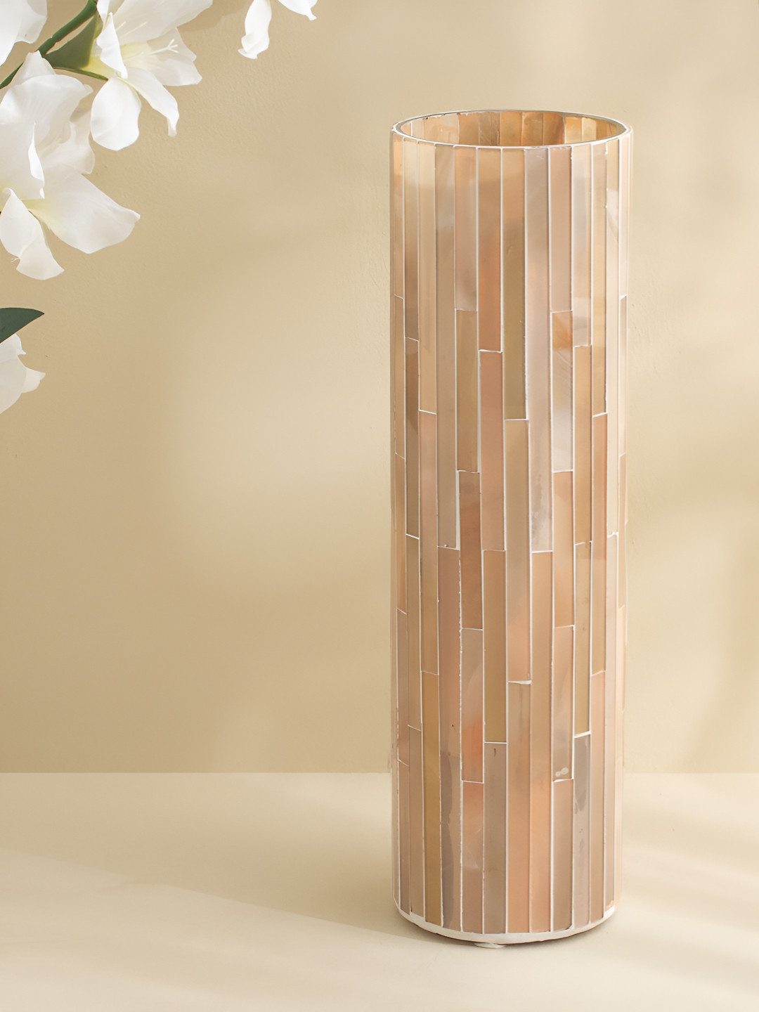 Home Centre Tamaira Cade Beige & White Long Strip Glass Vase