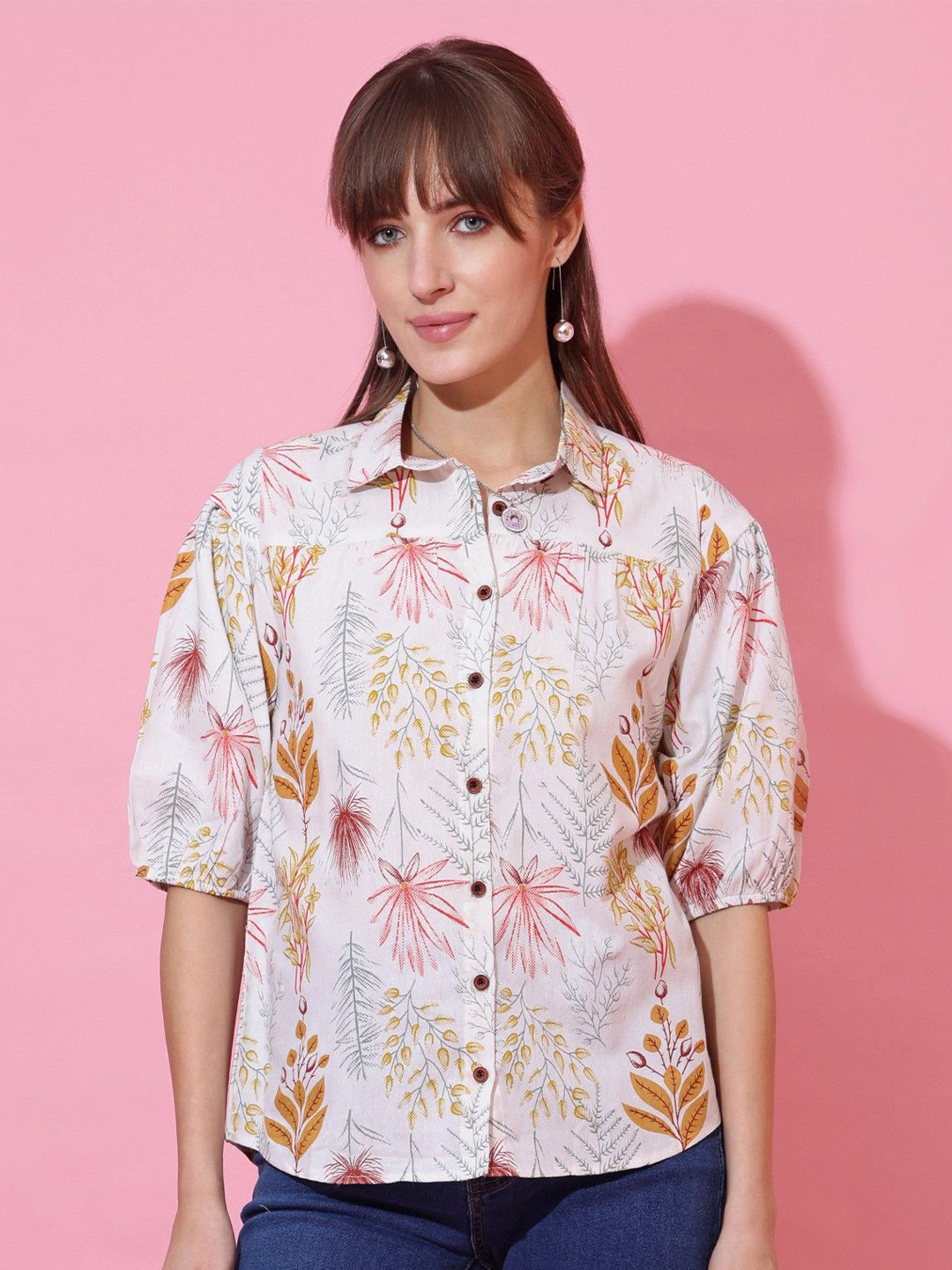 De La Moda Modern Floral Printed Spread Collar Cotton Shirt