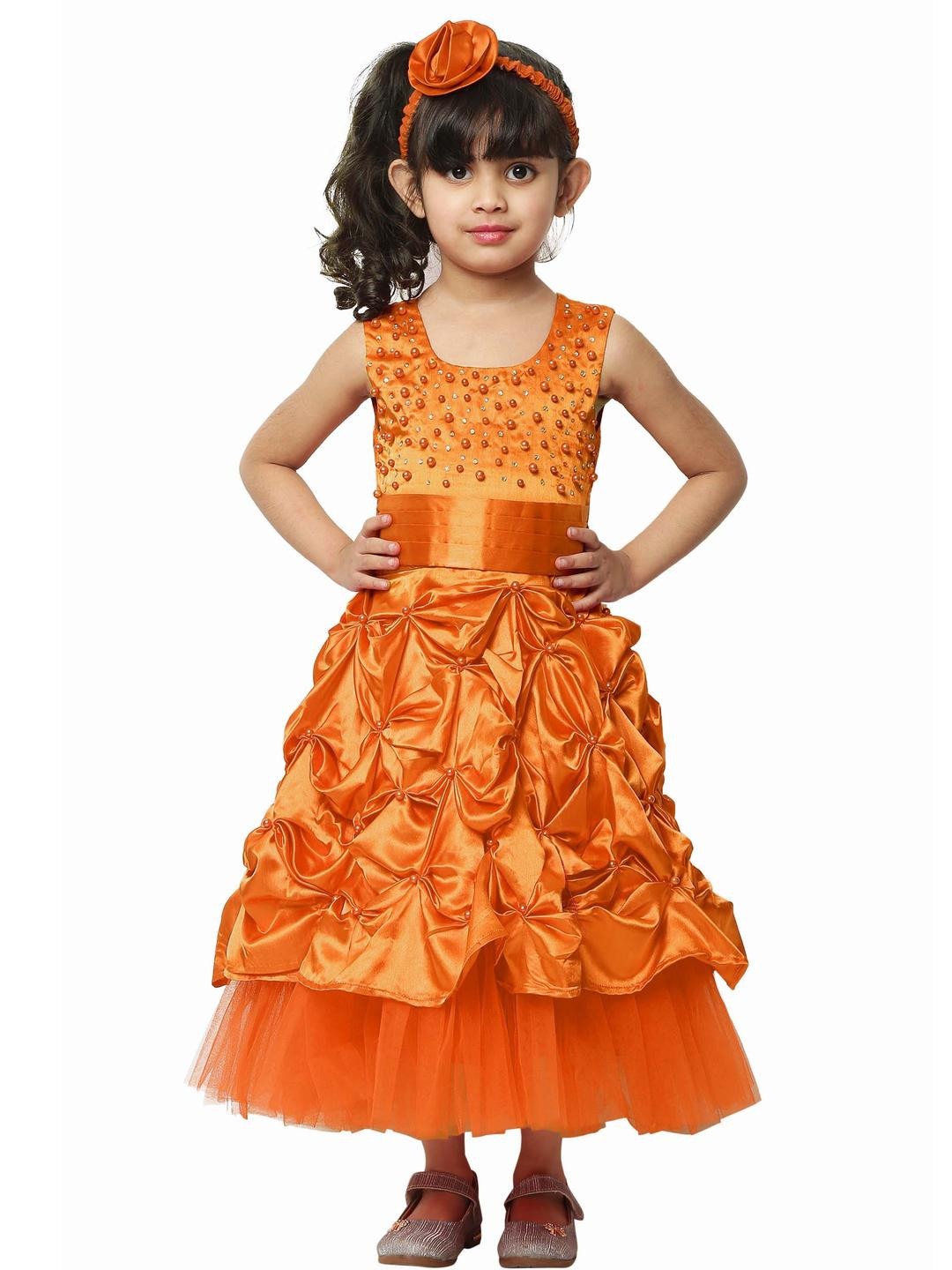 Shahina Fashion Girl's Orange Satin Princess Long Frock