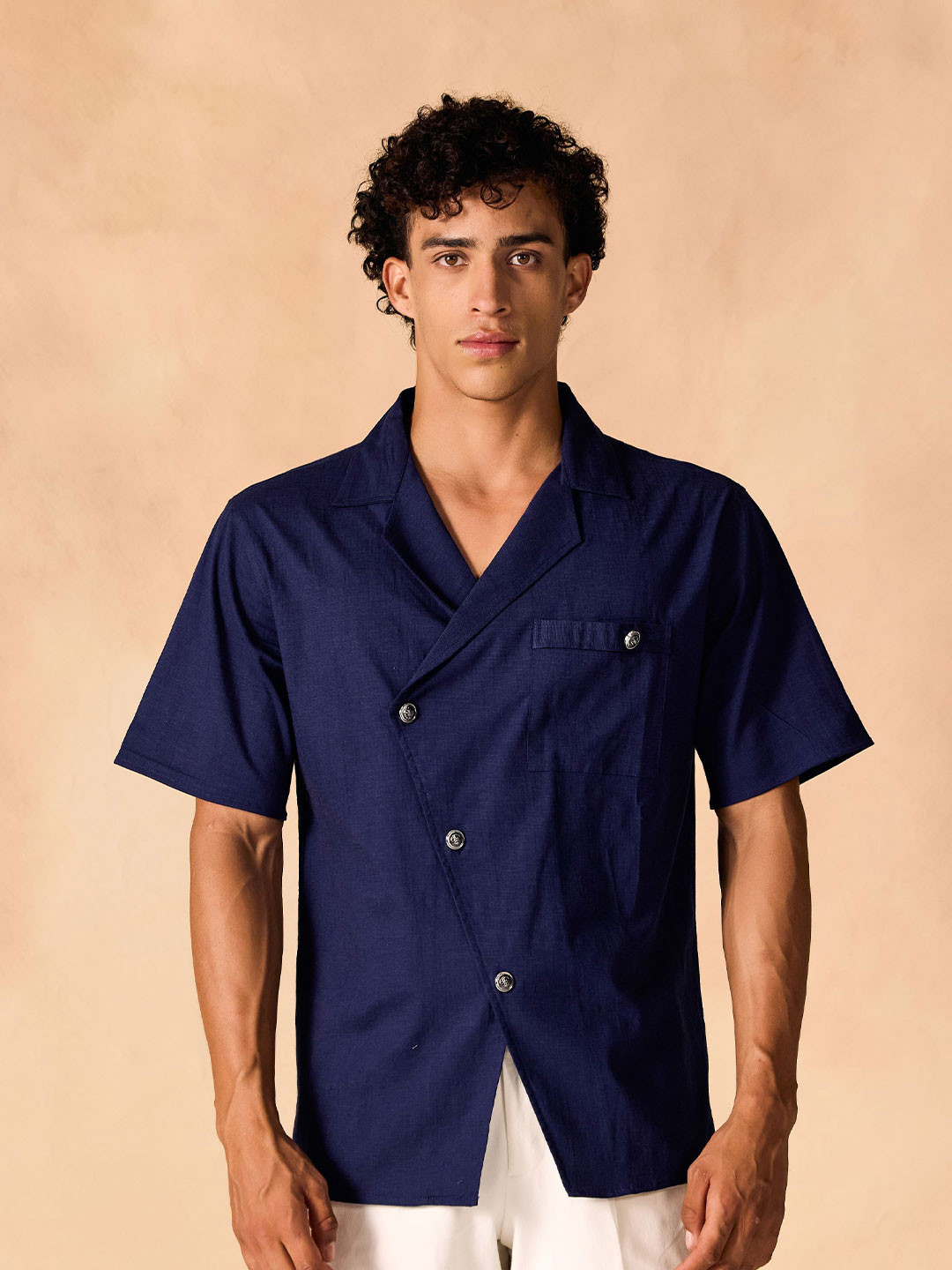 SAMMYUKK Cuban Collar Short Sleeves Overlapping Contemporary Cotton Shirt